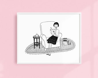 I'll get by as long as I have books // Reading, bookworm, Printable wall art // Black and white illustration poster digital download