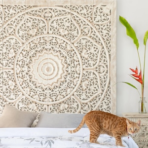 Large White Lotus Carved Wood Panel 72&quot; Teak Headboard Wall Art Mandala Wood Carving Whitewashed Panel Thai Lanna Reclaimed Wood Wall Decor