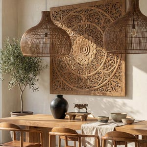 Wood Headboard Queen Size 60" Mandala Carved Teak Panel, Wall Hanging Above Bed, Boho Bedroom Decor, XL Thai Wall Art, Wooden Brown finish