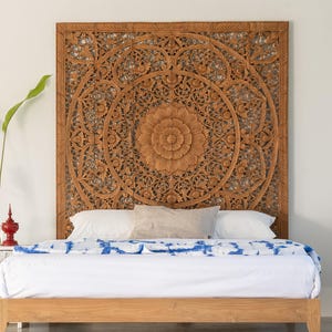 California King Size Natural Wood Headboard 72” Organic Reclaimed Teak Wall Panel, Hand Carved Lotus Mandala, Boho Above Bed Decor, Brown