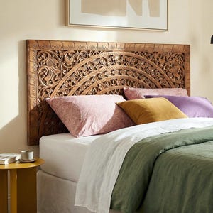 Hand-Carved Moroccan Design Headboard 72” | Reclaimed Thai Teak Carving | King Size Wood Wall Art | Boho Resort Bedroom Decor