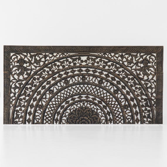 Dark Antique Moroccan Headboard | Hand-carved Thai Teak Bed Panel