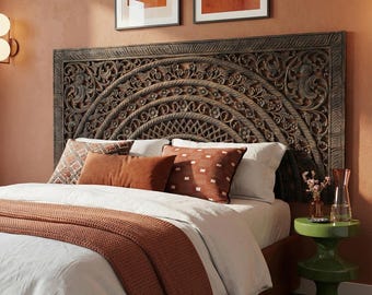Dark Antique Moroccan Headboard | Hand-Carved Thai Teak Bed Panel 72” King Size Wall Art Boho Asian Decor | Reclaimed Teak Half-Mandala