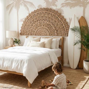 Panel decorativo grande de madera para pared, cabecero Queen de 152 x 76 cm, diseño de teca tallada horizontal, diseño asiático moderno, decoración llamativa, juego de dos piezas