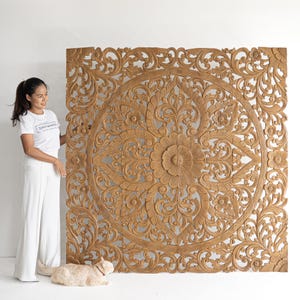 Balinese Lotus King Size Headboard 76&quot;| Carved Wood Wall Panel | Mandala Floral Teak Wood Art |Bali Hand Carved | Mediterranean Boho Bedroom