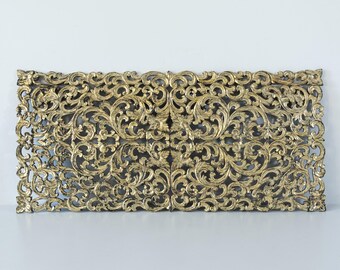 Antik Gold Full Size Bett Kopfteil | Handgeschnitzte Tropische Massivholzplatte 58,5x27 cm