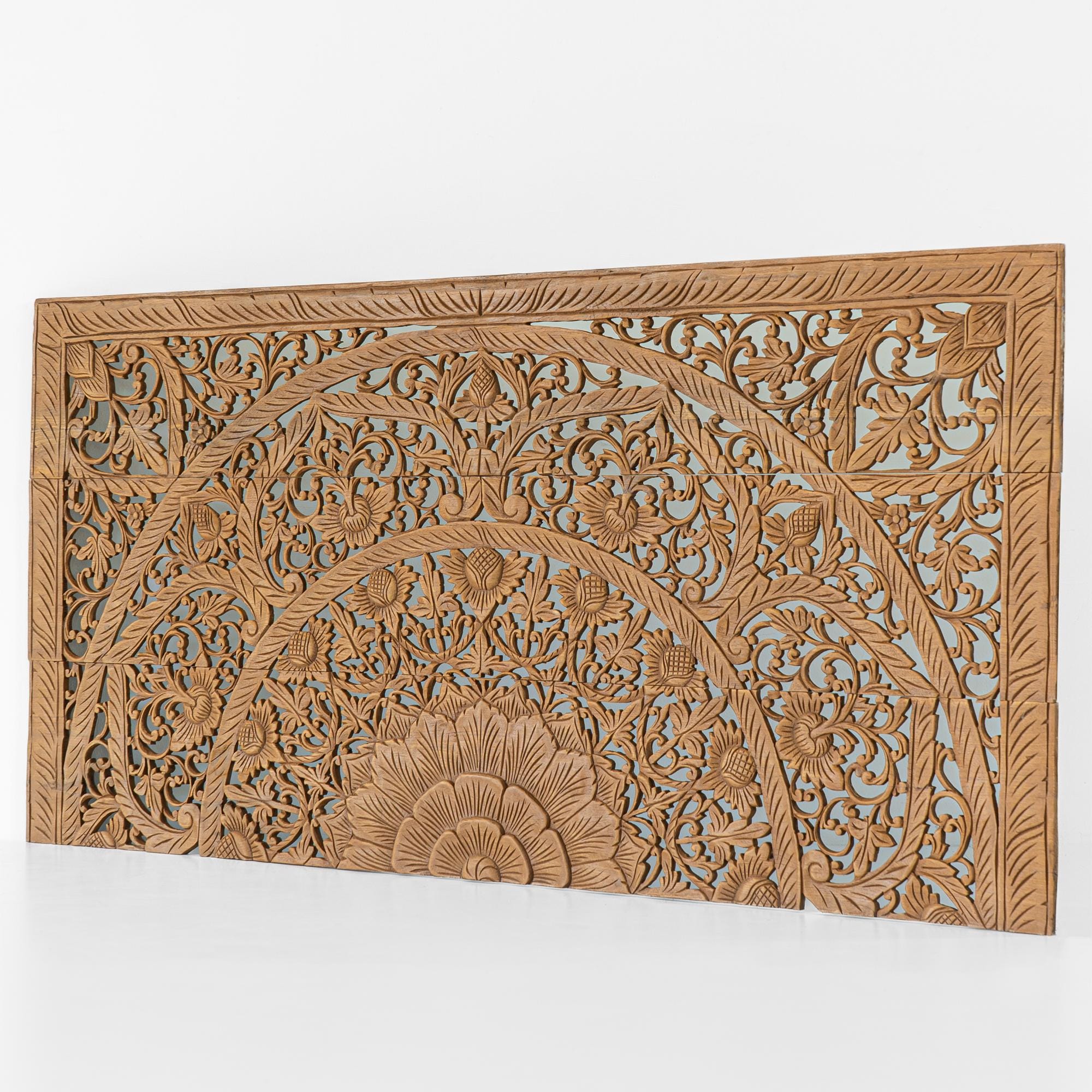 Hand-carved Lanna Floral Mandala Headboard | Reclaimed Thai Teak