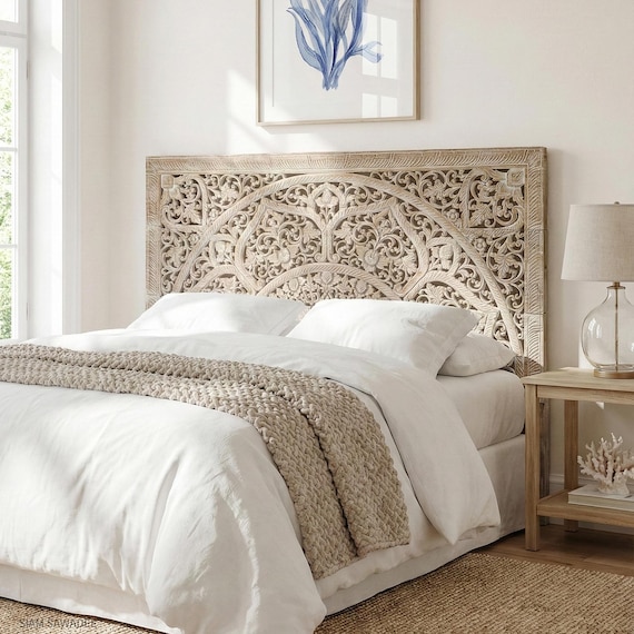 Hand-carved Lanna Floral Mandala Headboard | Reclaimed Thai Teak