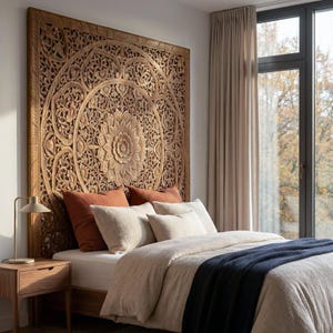 Arte de pared de loto balinés grande, arte de madera tallada marrón, cabecero bohemio para cama king size de 193 cm, tapiz de madera de teca, panel artístico decorativo para el hogar