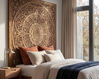 Large Balinese Lotus Wall Art, Brown Carved Wood Art 76” Boho King Bed Headboard, Teak Wood Wall Hanging, Home Decor Statement Art Panel