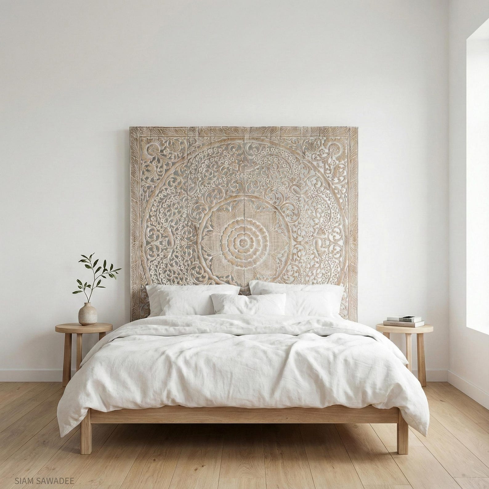 Curated visual reference: Whitewashed Reclaimed Wood Headboard Price Reference: Standard King Teak Wooden Headboard 76 Hand Carved Floral Wall