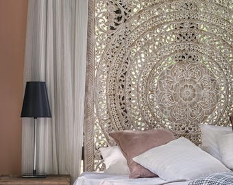 Queen Headboard 60” Carved Teak Panel, Whitewashed/Beige Moroccan Mandala, Large Geometric Wall Art, Reclaimed Wood Statement Piece