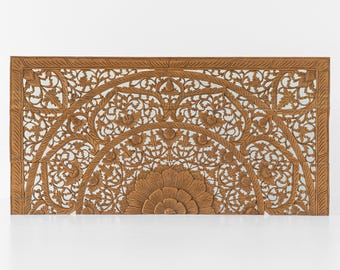 Handcrafted Low Profile King Size Bed Headboard | Carved Reclaimed Teak Wood | Weathered Brown Stain Finish | 80x40 inches