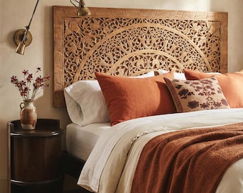 Lanna lotus mandala hoofdeinde | Handgesneden Thaise teakhoutkunst | 72-inch kingsize bedpaneel | Geregenereerde teak bloemen muurdecoratie | Boho-slaapkamer