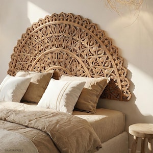 Cal King Headboard 72" Organic Modern, Carved Teak Wood Arched Wall Bed Board, Reclaimed Wooden Thai Floral Wall Art, Light Brown Boho Decor