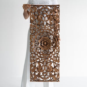 Large Wood Wall Art Hand Carved Teak Panel, Natural Brown Asian Floral, Wooden Wall Hanging Rustic Boho Meditation Room Decor 14"x36"