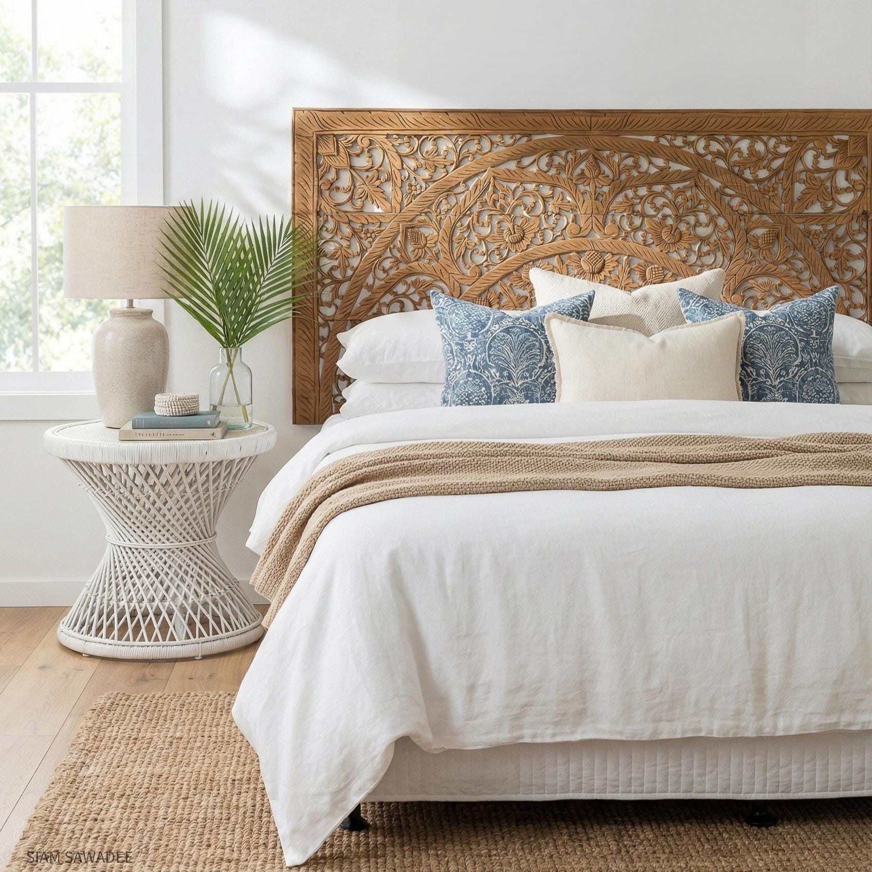 Hand-carved Lanna Floral Mandala Headboard | Reclaimed Thai Teak