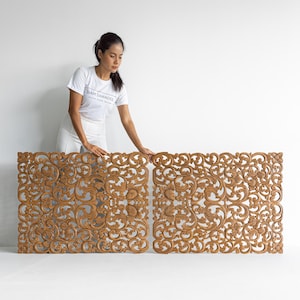 76&quot; Teak Wood King Headboard, Handcarved Thai Panel Wall Art, Reclaimed Wood Bed Deco, Brown Panel Natural Vine Design, Organic Modern Decor