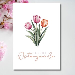 Osterkarte Tulpen – Frühlingskarte „Liebe Ostergrüße“ – Aquarellstil – Grußkarte Ostern – Osterkarten modern