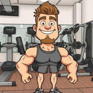 Può includere: Illustrazione a cartoni animati di una persona muscolosa in palestra. La persona indossa una canotta grigia, pantaloncini grigi e scarpe da ginnastica nere. Attrezzi ginnici e specchi sono visibili sullo sfondo.
