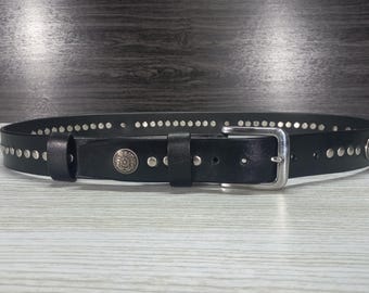 Biker Belt.Leather Belt Punk Rock.Leather Belt Eyelets Rivets Unisex.large leather belt.Black Leather Belt1.5".Gift Belt.