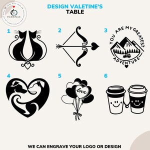 May include: A collection of black and white Valentine's Day designs, including cat silhouettes, an arrow and heart, a mountain scene, dog silhouettes, balloons with "love", and coffee cups. Text reads "Design Valentine's Table".