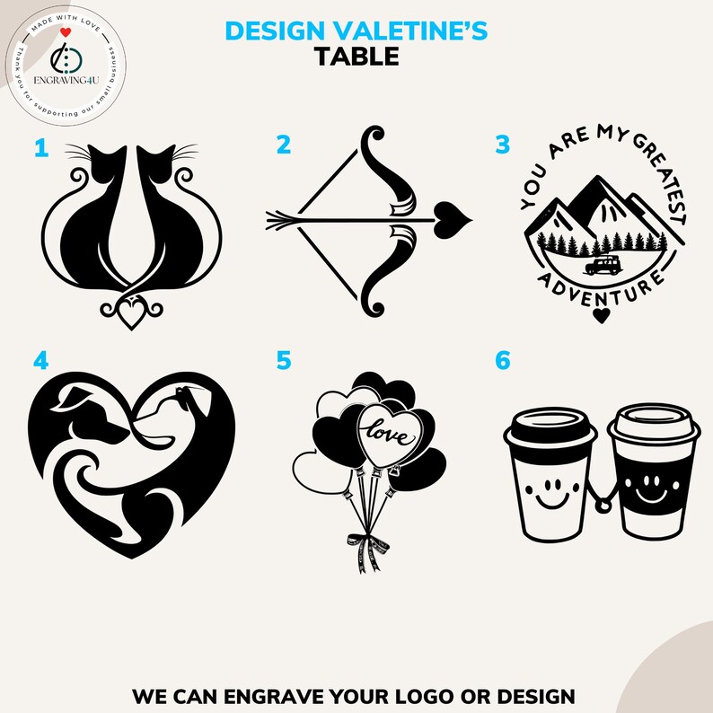 May include: A collection of black and white Valentine's Day designs, including cat silhouettes, an arrow and heart, a mountain scene, dog silhouettes, balloons with "love", and coffee cups. Text reads "Design Valentine's Table".