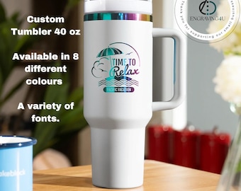 Aangepaste iriserende roestvrijstalen beker 40oz gepersonaliseerd gegraveerd naamlogo geïsoleerde reisbeker met handvat en rietje Cadeau voor hem/haar