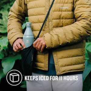 Może przedstawiać: Osoba w brązowej kurtce z czarnym paskiem i niebieską butelką wody. Pod obrazkiem widnieje tekst "KEEPS ICED FOR 11 HOURS".