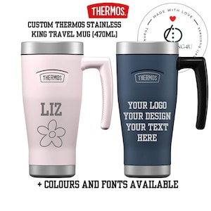 Personalised Thermos Mug – Custom Engraved Stainless Steel Travel Cup, Insulated Coffee Tumbler 470ml, Leakproof Reusable Gift Flask