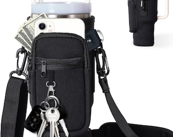 Custom Water Bottle Carrier with Phone Pocket Fits 40oz Stanley Tumbler Adjustable Strap, Lightweight & Durable Personalised Gift for Her
