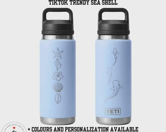 Bouteille YETI gravée sur le thème océan avec coquillages et requin baleine toutes tailles et bouchons personnalisés | Tendance yéti esthétique virale TikTok Beach