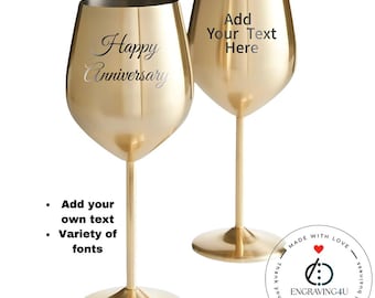 2 Personalized Brushed Gold Wine Glass Engraved Stainless Steel Wine Goblet, Elegant Custom Gift for Wine Lovers, Wedding & Anniversary Gift