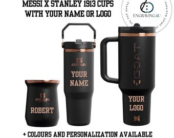 Vaso personalizado con grabado de Messi y Stanley Cups, regalo perfecto para aficionados al fútbol y deportistas.