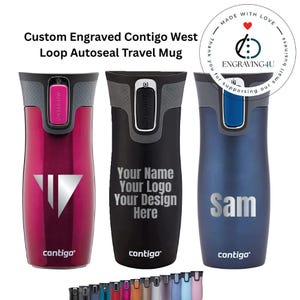 以下が含まれることがあります： 赤、黒、青のカスタム彫刻Contigo West Loop Autosealトラベルマグ。赤いマグにはシルバーの幾何学模様、黒いマグにはテキスト、青いマグには「Sam」という名前が入っています。各マグには黒い蓋が付いています。