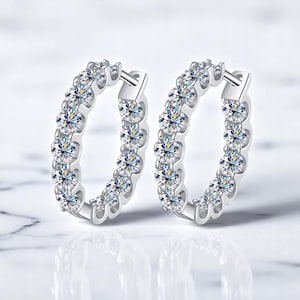 D Color Moissanite Hoop Earrings | 925 Sterling Silver White Gold Plated | Wedding Party Jewelry for Women