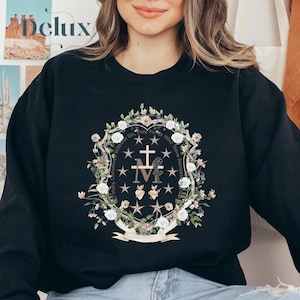 Marian Catholic Sweatshirt, Virgin Mary Hoodie, Catholic gift for women, Catholic T-shirt, Marian Cross Shirt, Floral Women Religious Shirts