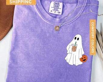 Comfort Colors Cute Ghost Iced Coffee Shirt, Halloween Lovers Tee