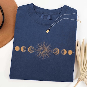 Celestial Comfort Colors® Shirt, Moon Phase T-shirt, Boho Mystical Moon And Sun Tee, Spiritual Moon Women Clothing Gifts, Boho Moon Outfit