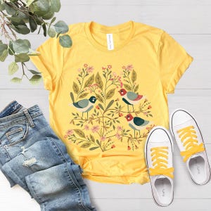Cottagecore Birds and Flowers Shirt, Folk Art Scandi Art T Shirt, Floral Bird Shirts, Bird Gifts, Flower Gift, Gift For Her, Nature Lover