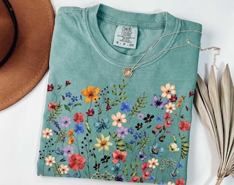 Comfort Colors Wildflowers Shirt, Vintage Pressed Flowers, Boho Cottagecore