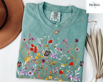 Vintage Pressed Flowers Comfort Colors T-Shirt, Boho Cottagecore Wildflowers