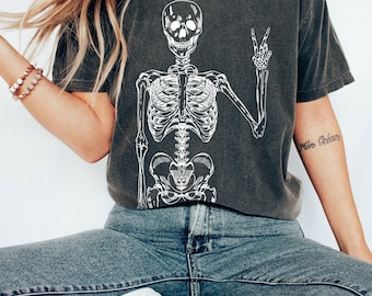 Skeleton Peace Sign Comfort Colors Shirt, Vintage Hippie Tee