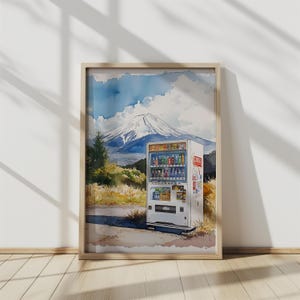 Arte mural Remember Japan: máquina expendedora, monte Fuji, acuarela, impresión digital