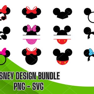 Mickey and Minnie Inspired SVG PNG Bundle, Mickey Minnie Ears, Mouse Ears outline and Mouse Bow, Mouse Silhouette, Mickey Mouse head png svg