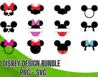 Mickey and Minnie Inspired SVG PNG Bundle, Mickey Minnie Ears, Mouse Ears outline and Mouse Bow, Mouse Silhouette, Mickey Mouse head png svg