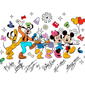 May include: A colorful illustration of Disney characters Pluto, Goofy, Donald Duck, Daisy Duck, Minnie Mouse, and Mickey Mouse. The characters are in a celebratory pose, with their names written below. Various decorative elements surround the characters.