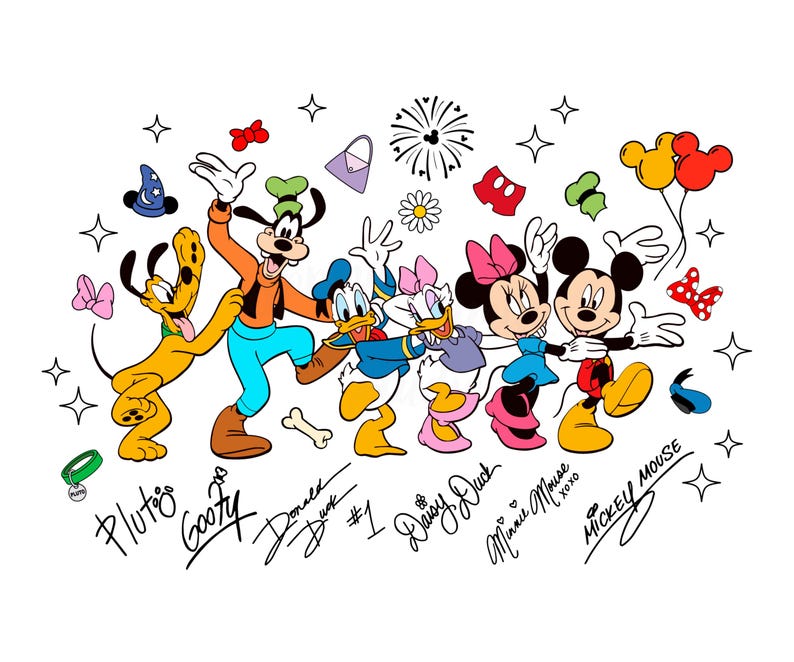 May include: A colorful illustration of Disney characters Pluto, Goofy, Donald Duck, Daisy Duck, Minnie Mouse, and Mickey Mouse. The characters are in a celebratory pose, with their names written below. Various decorative elements surround the characters.