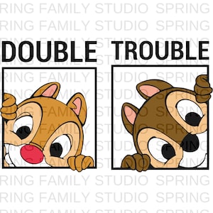 Könnte beinhalten: Double Trouble Grafik mit zwei Comic-Streifenhörnchen, die um die Ecken von weißen Quadraten schauen. Die Streifenhörnchen sind braun mit großen schwarzen Augen und roten Nasen.