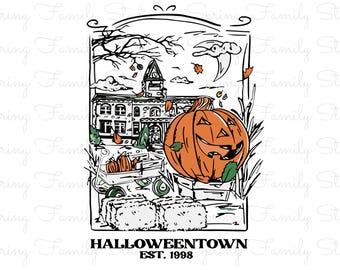 ハロウィンタウン PNG SVG | 不気味なカボチャのクリップアート | お化け屋敷のデジタルダウンロード | ハロウィンシャツのマグカップステッカーデザイン | インスタントデジタルファイル